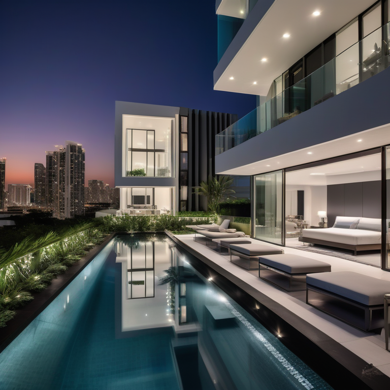 Modern condo with illuminated windows at dusk, reflected in a pool with garden in the foreground.