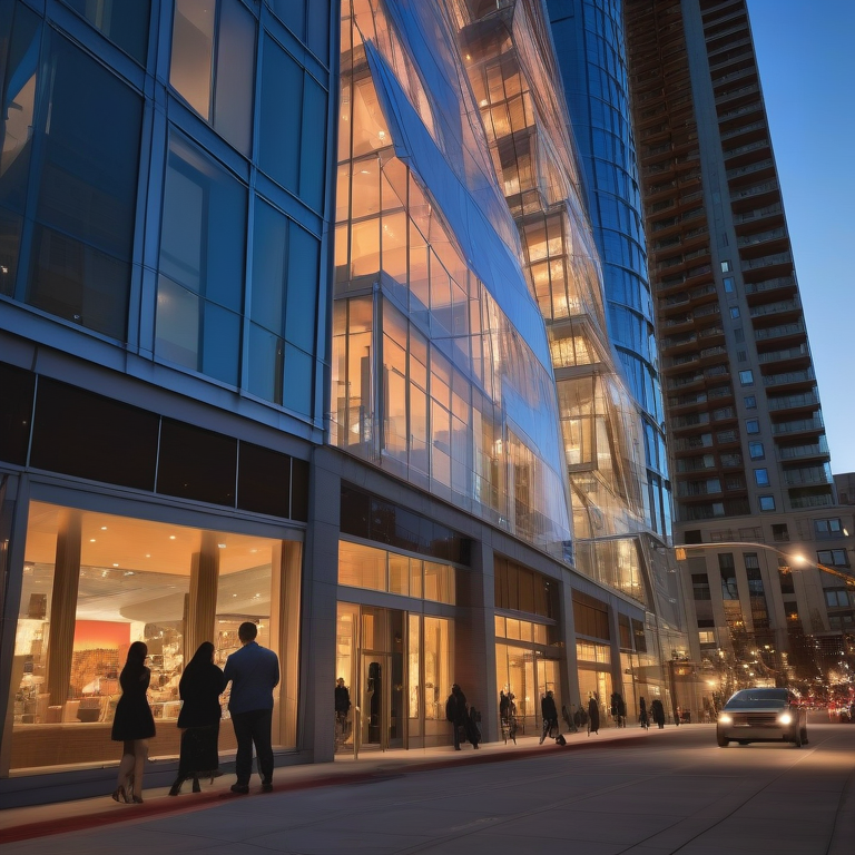 Downtown Street At Dusk, Featuring Modern Condos With Glowing Lights, And A Couple Viewing A New Launch Banner.