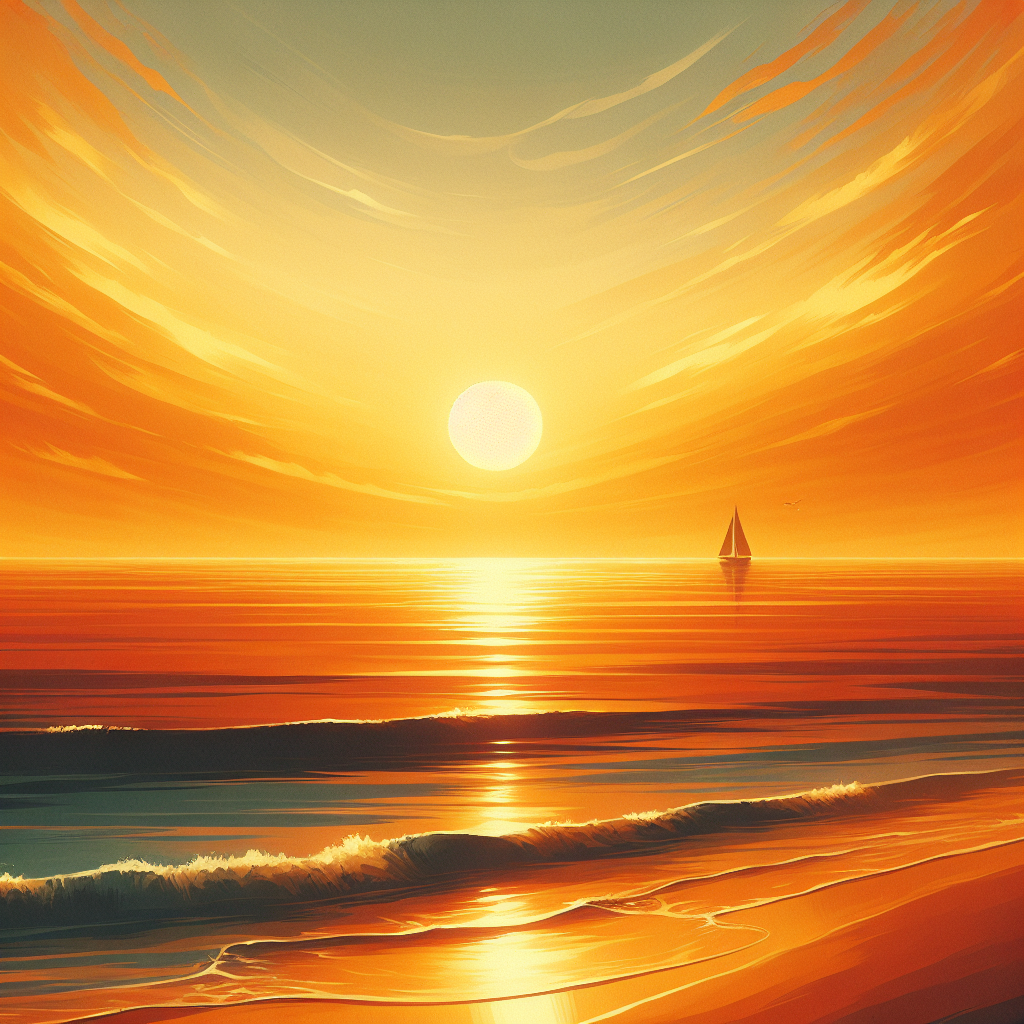 Digital Art Of A Tranquil Sunset Over A Calm Sea With A Sailboat Silhouette.