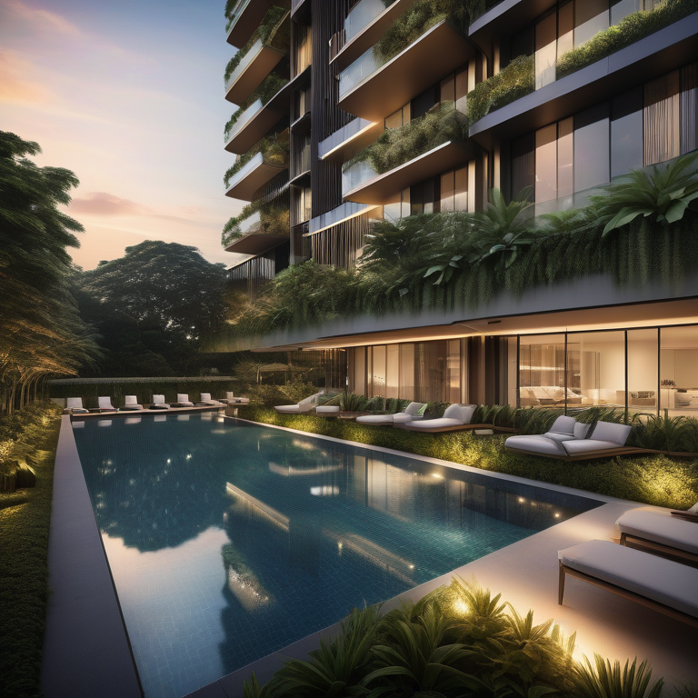 Modern Condo With A Sunset Reflection, Surrounded By Greenery And An Inviting Pool, Symbolizing Luxury.